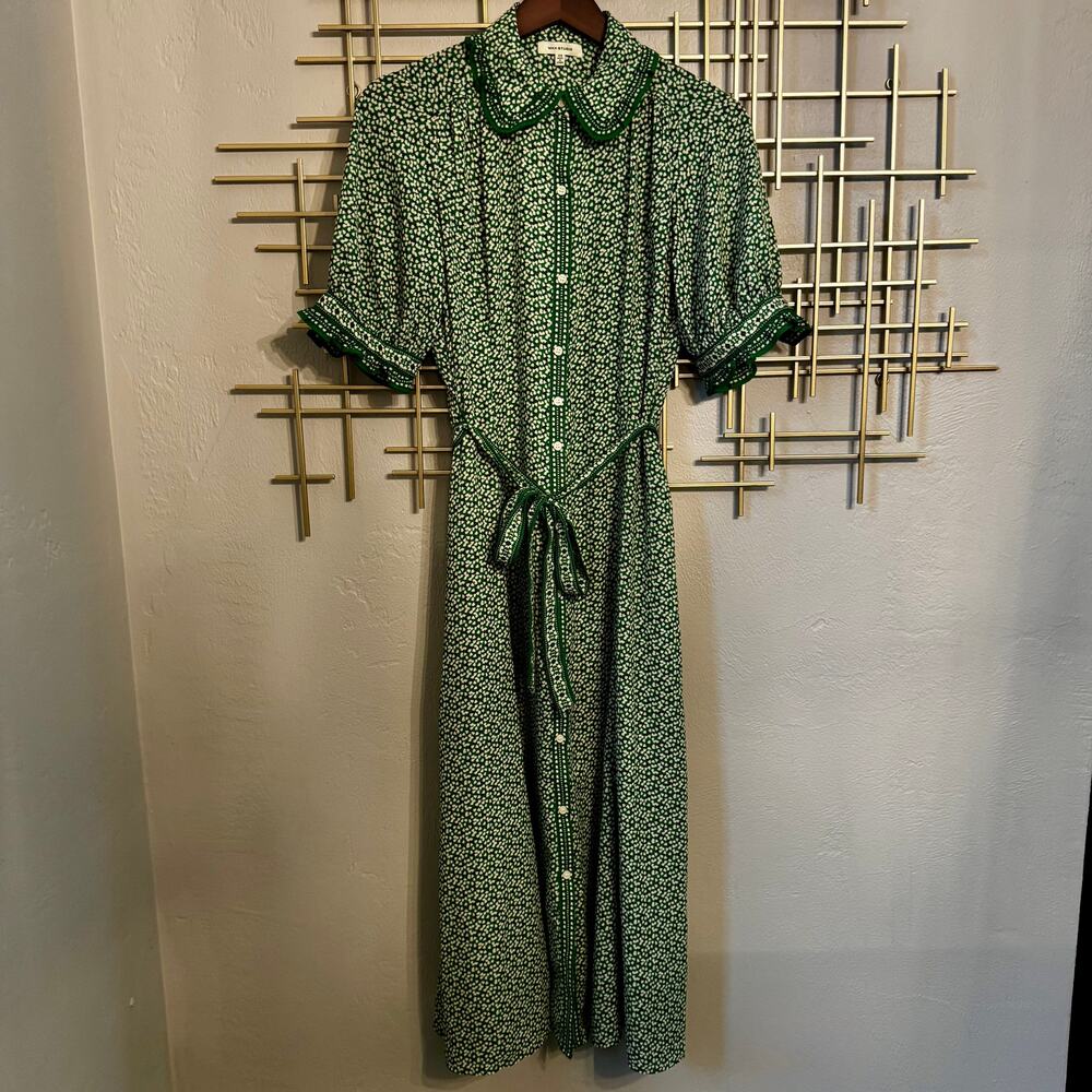 Max Studio Green Floral Peter Pan Collar Tie Waist Midi Dress XS